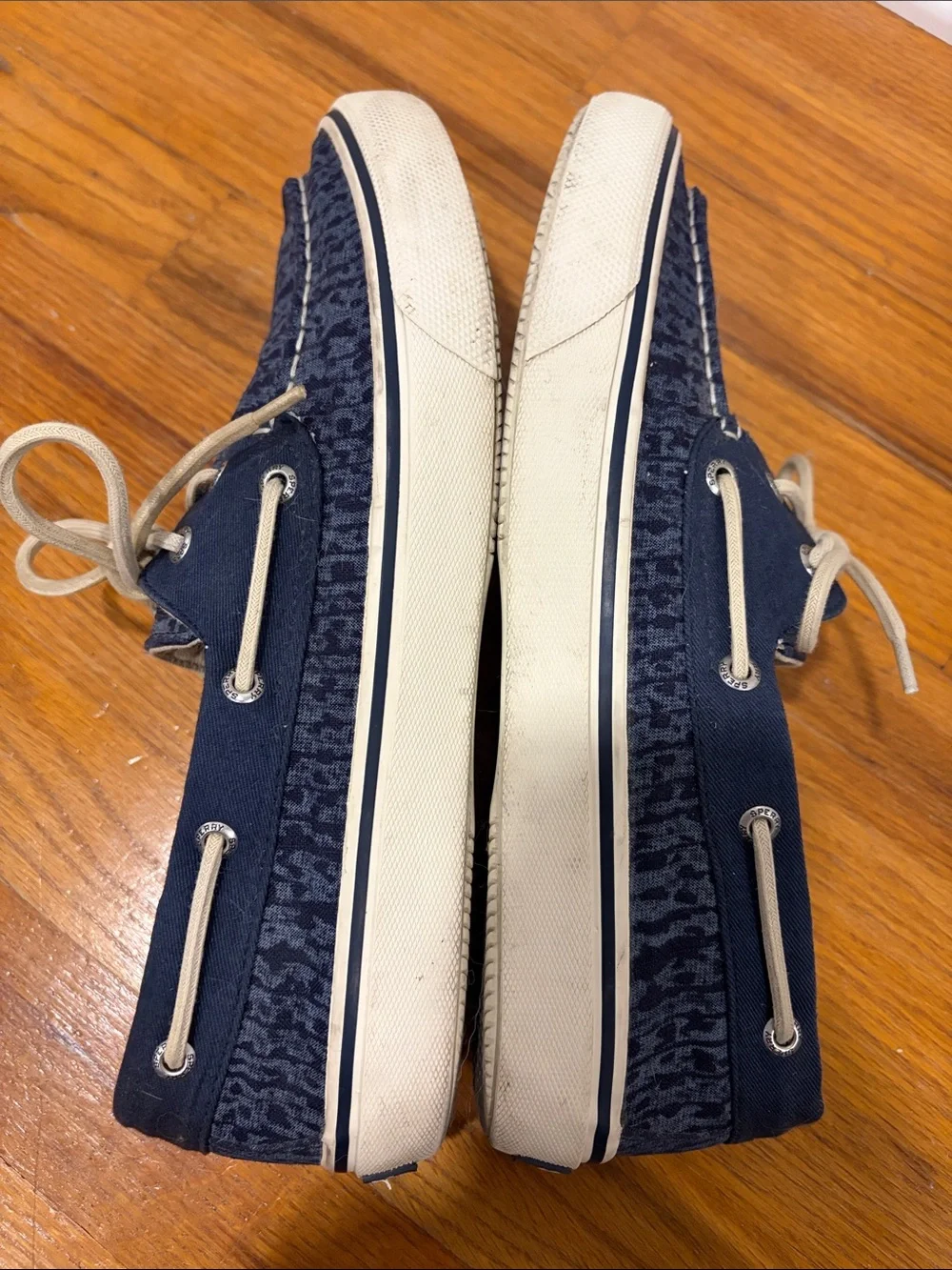 Sperry Navy Patterned Canvas Boat Shoes with Cream Laces